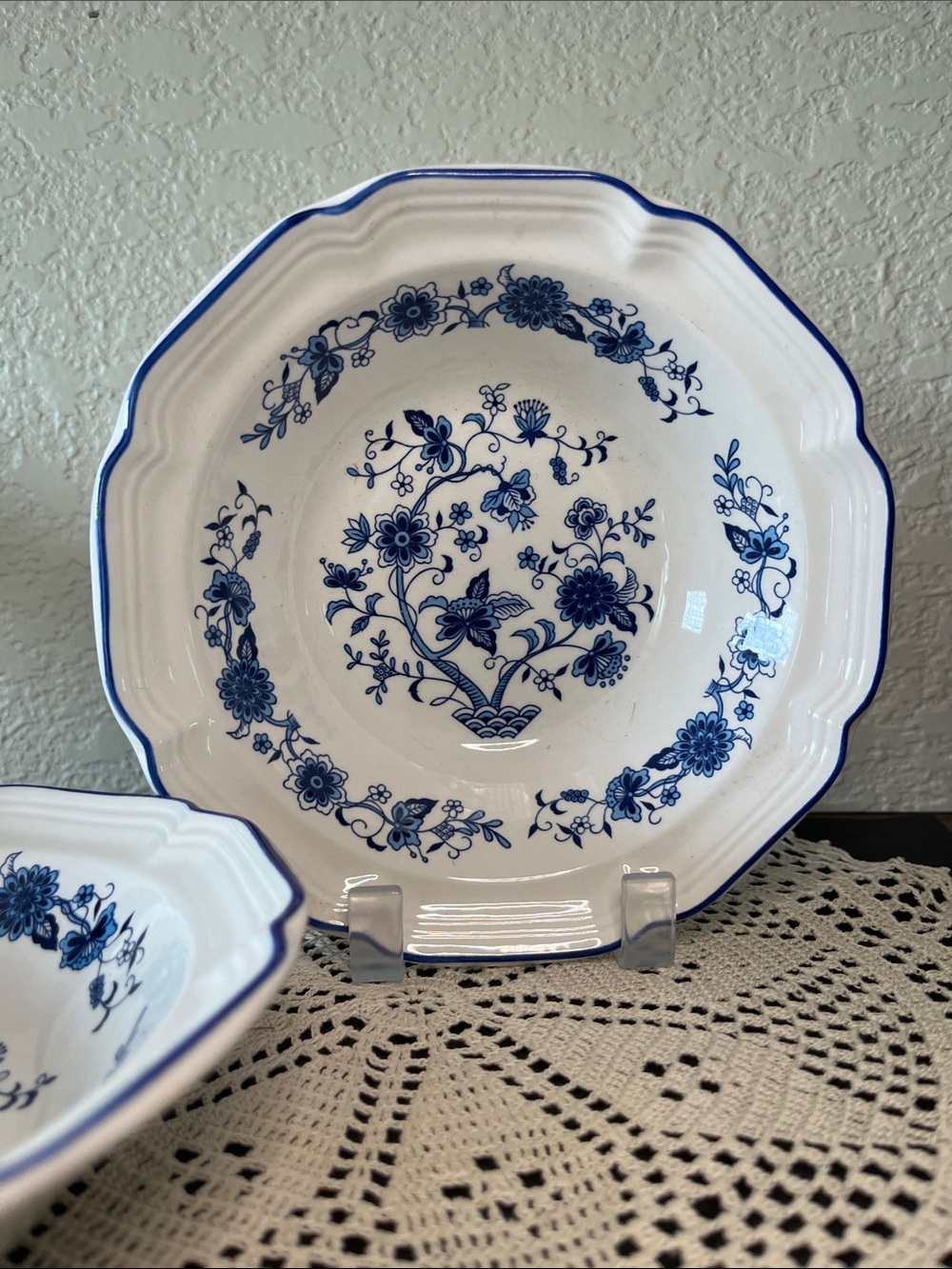 Vintage Blue & White Floral Scalloped Soup Bowls Set of 2 Korea